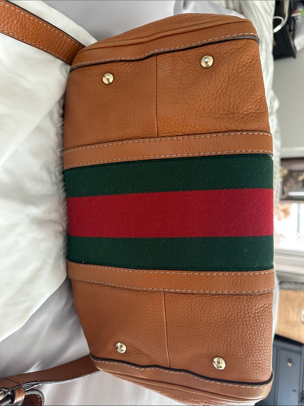 Gucci Boston Tan Leather Shoulder Bag with Green & Red Center Stripe crossbody - Picture 4 of 10